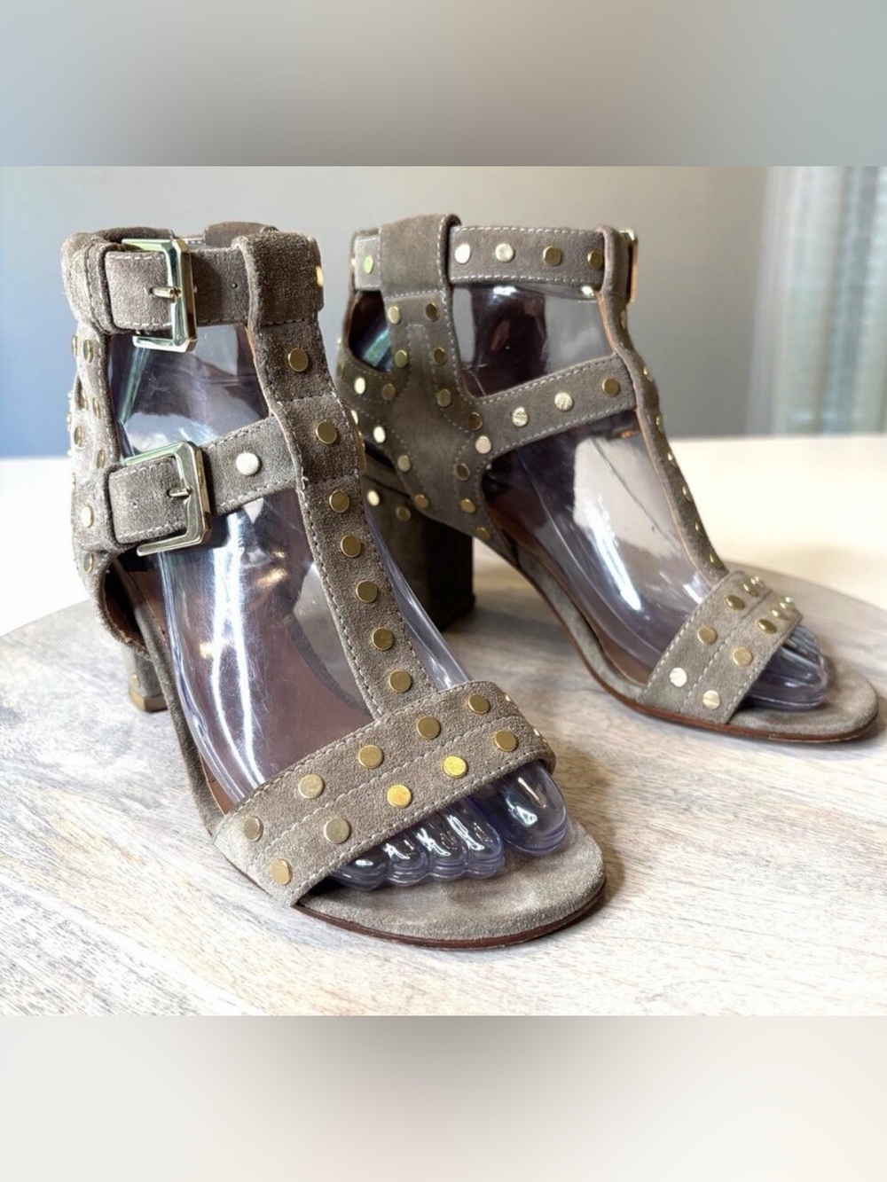 Laurence Dacade gray suede studded block heel sandals with gold-tone buckle